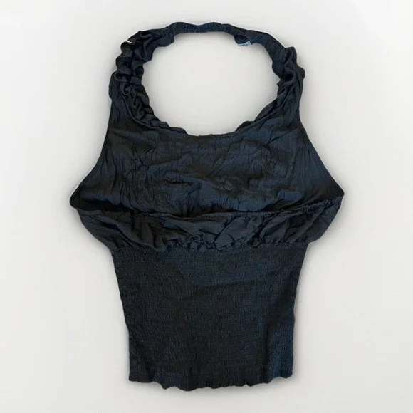 Vintage Y2K Poetry Ruffle Halter Smocked Tank Top L Black Grunge Gothic READ - Picture 6 of 11